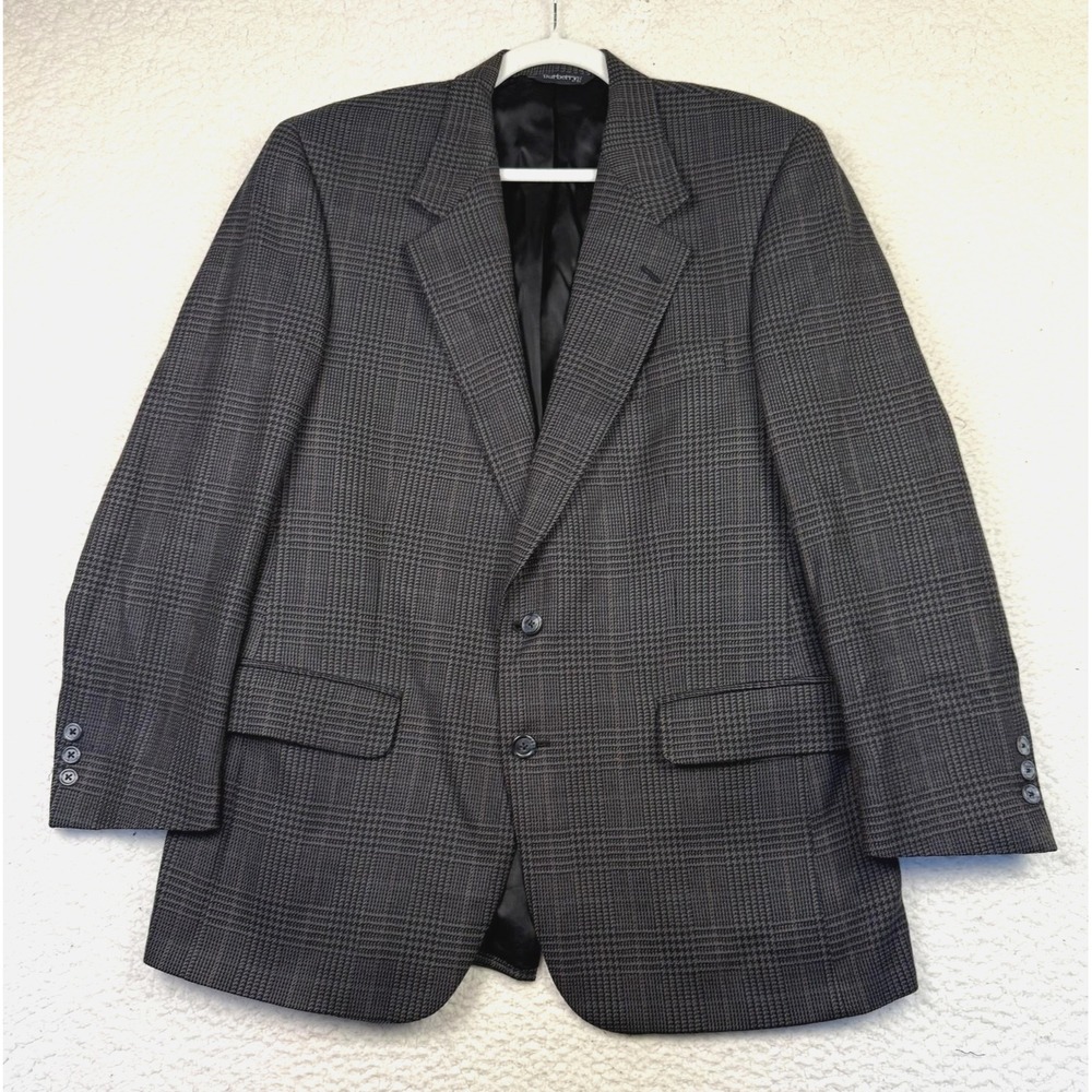 VINTAGE Burberrys Blazer Mens 44R Gray Wool Glen Plaid Sport Coat 2‎ Button